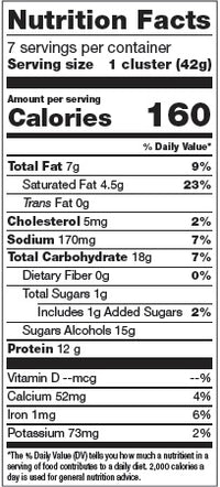 Crispy Caramel Cluster Bites Nutritional Panel. 7 Packets per Box. 12g Protein & 3g Net Carbohydrates. Gluten Free, Aspartame Free, Corn Syrup Free.
